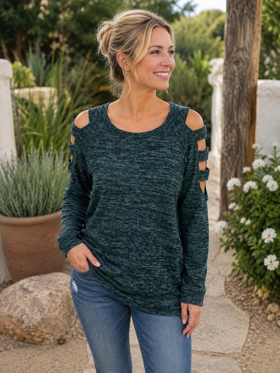 always indigo Sweaters - Always Indigo Cold Shoulder Ladder Sleeve Heathered Teal Long Sleeve Top Size L